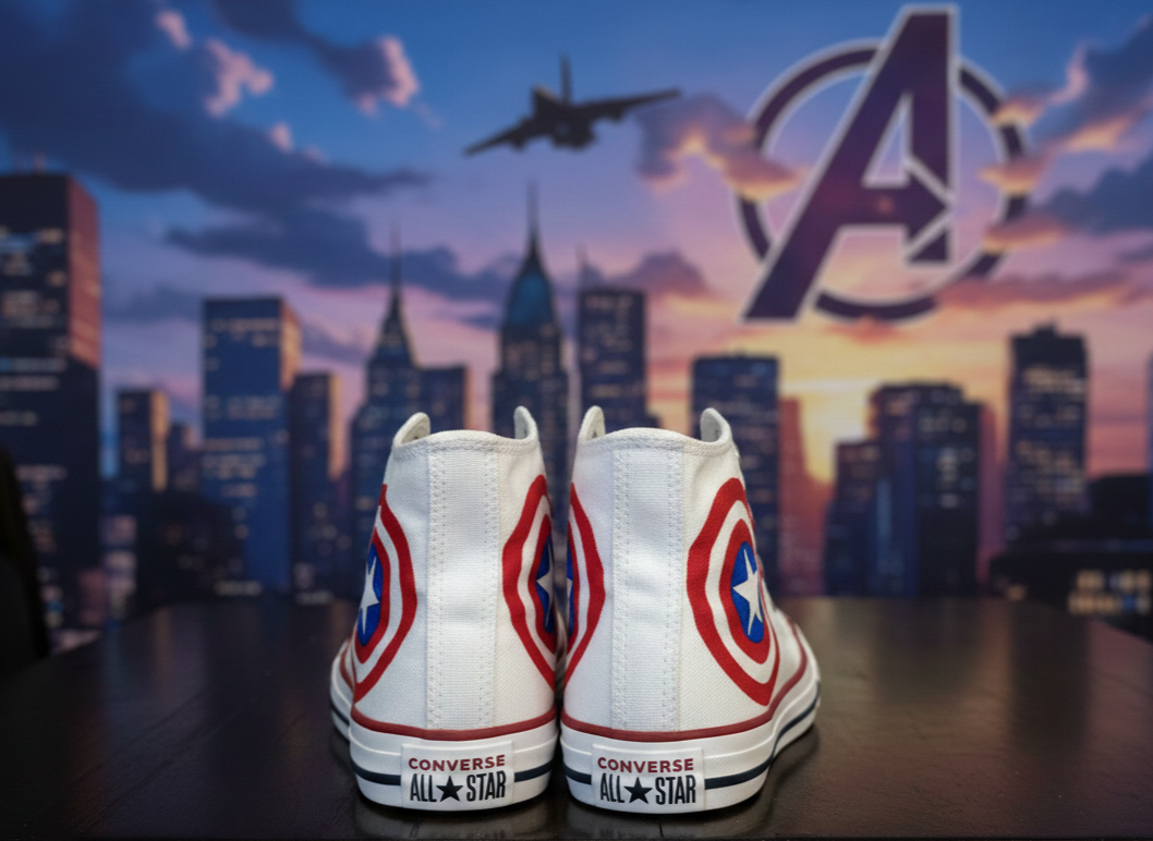 A pair of white Converse All Star sneakers with Captain America shield designs on the back, placed on a wooden surface against a city skyline backdrop with an Avengers logo, a plane, and clouds at sunset.