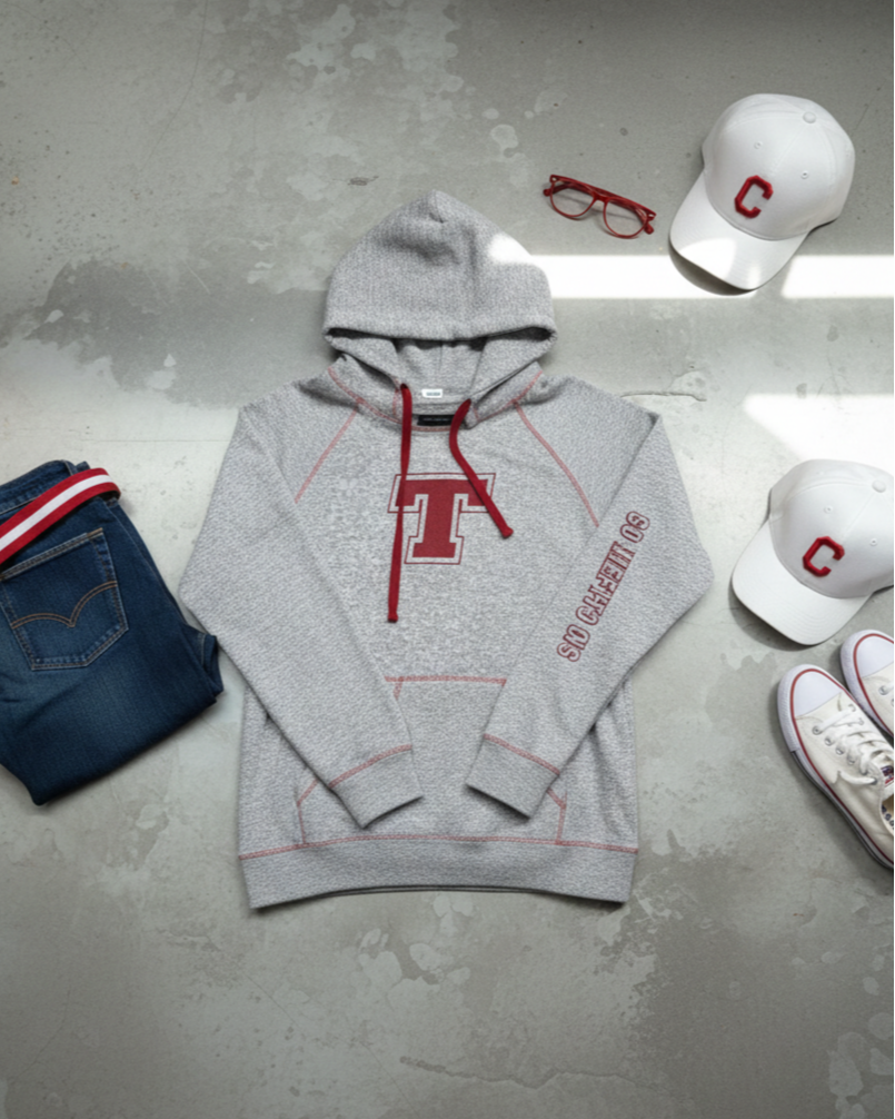 College sports apparel laid out on a concrete floor, including a gray hoodie with red accents and a large letter 'T' on the front, a pair of jeans, two white baseball caps with red letter C's, red eyeglasses, and white sneakers with red accents.