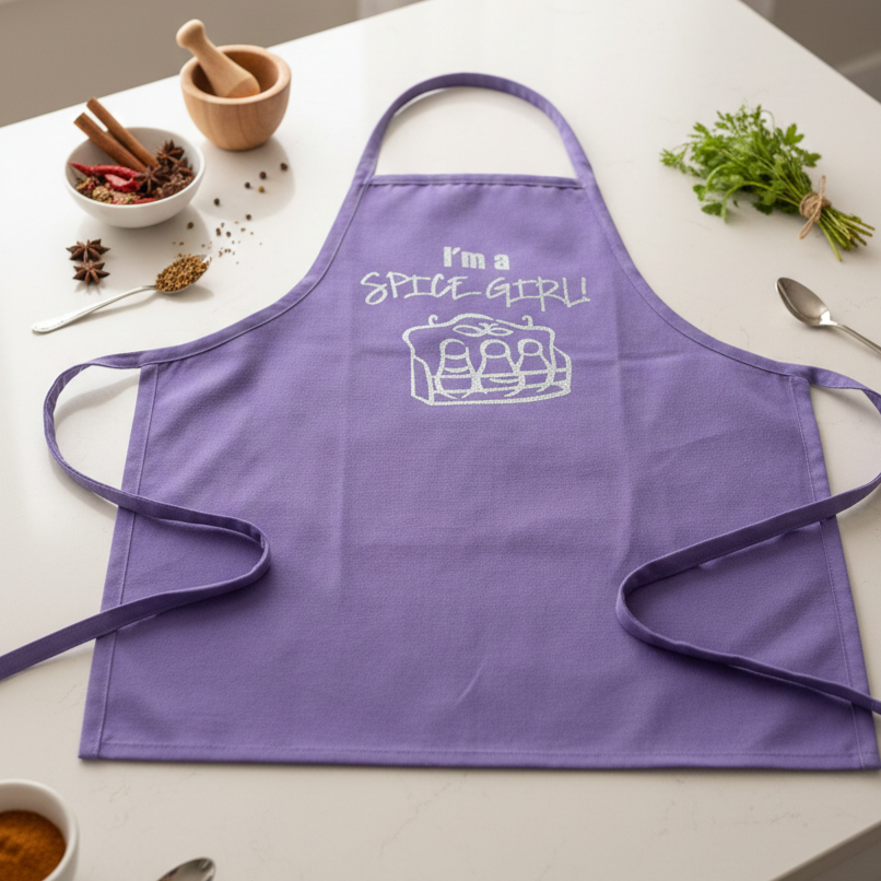 A purple apron with white text that reads 'I'm a spice girl' and a drawing of a layer cake. The apron is on a white table surrounded by bowls of spices, a bunch of herbs, and a spoon.