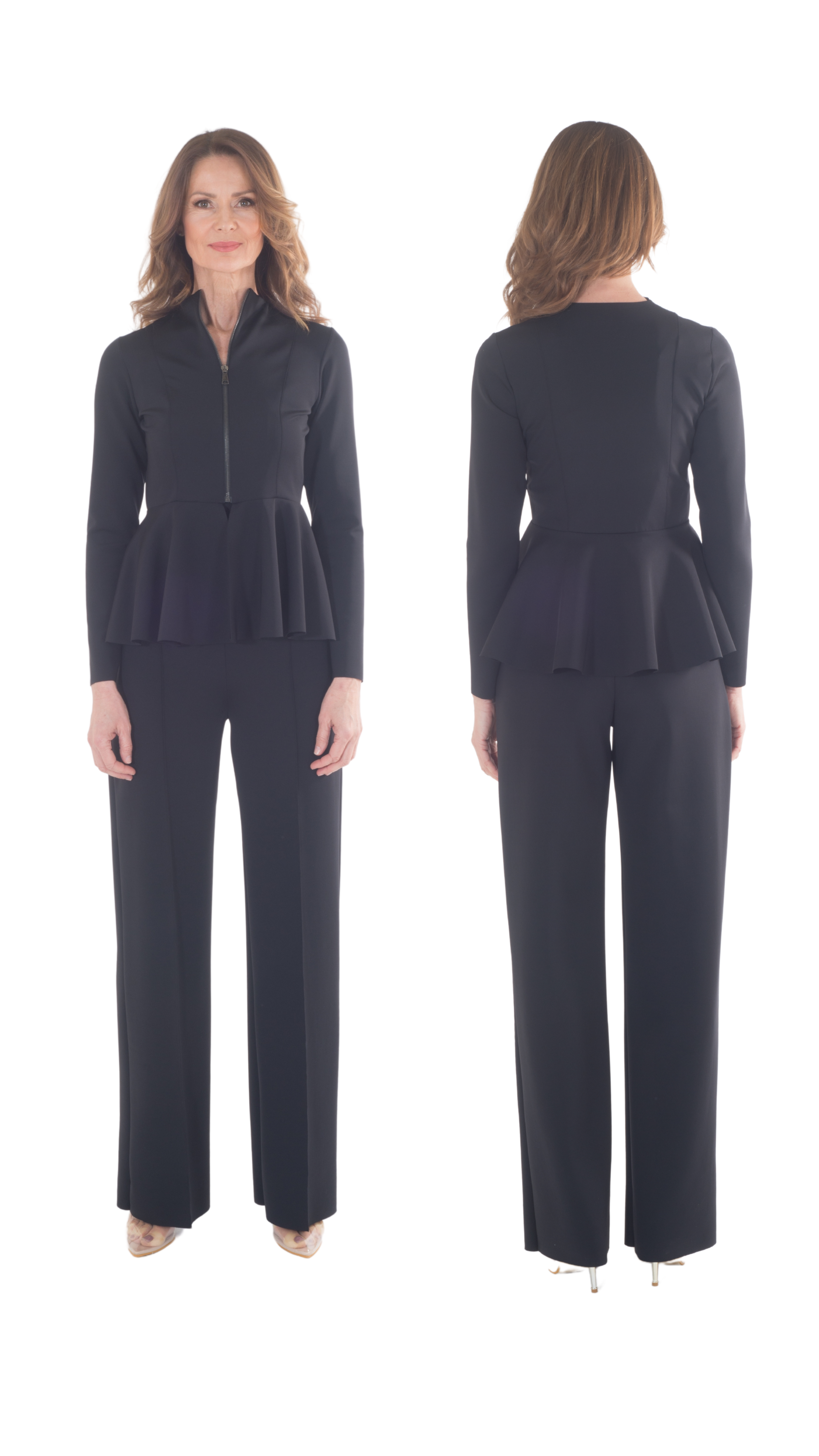 Donna con giacca nera con spacchi e pantaloni larghi, vista frontale e posteriore.