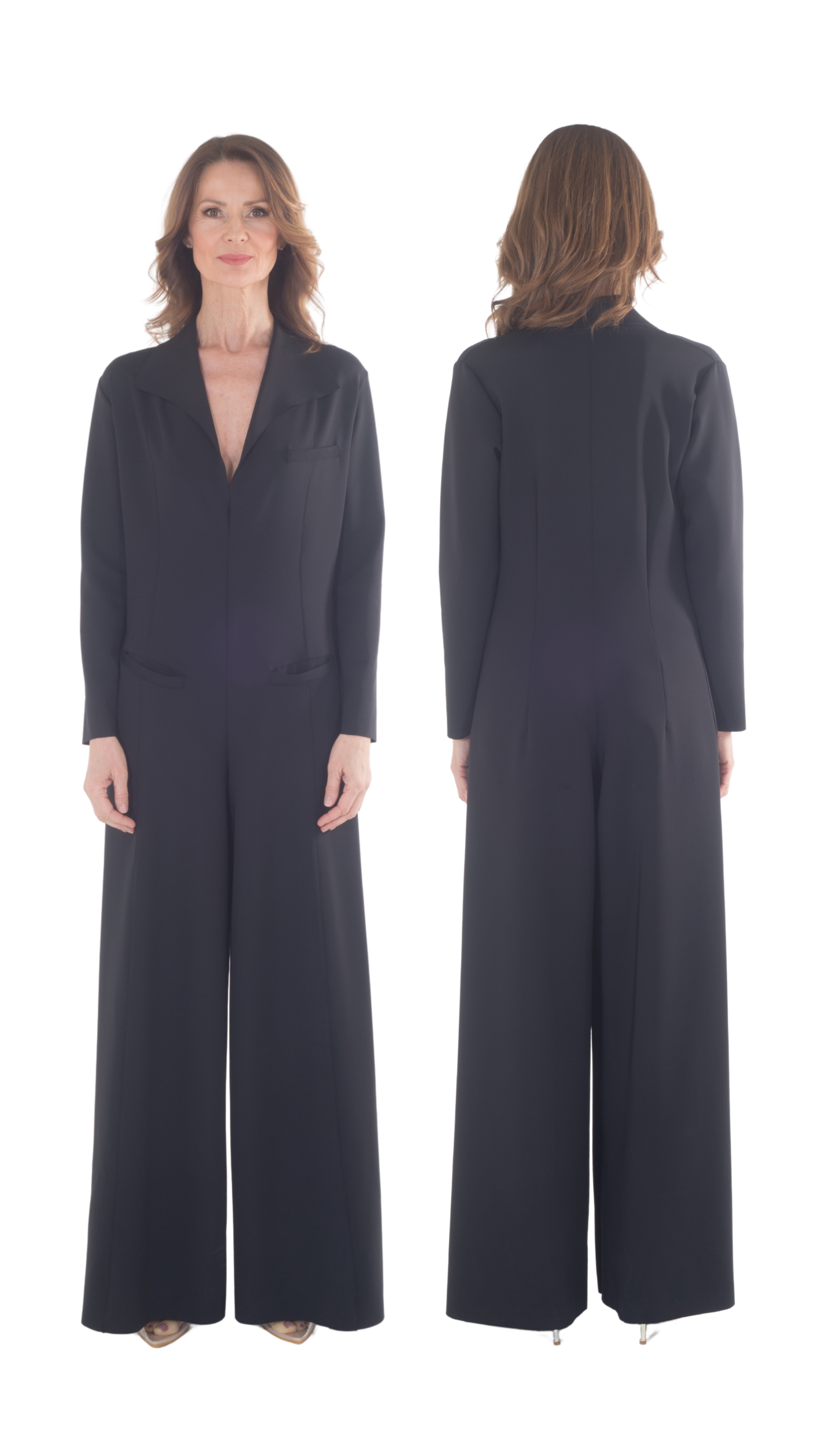 Donna in completo nero con pantaloni larghi, vista frontale e posteriore