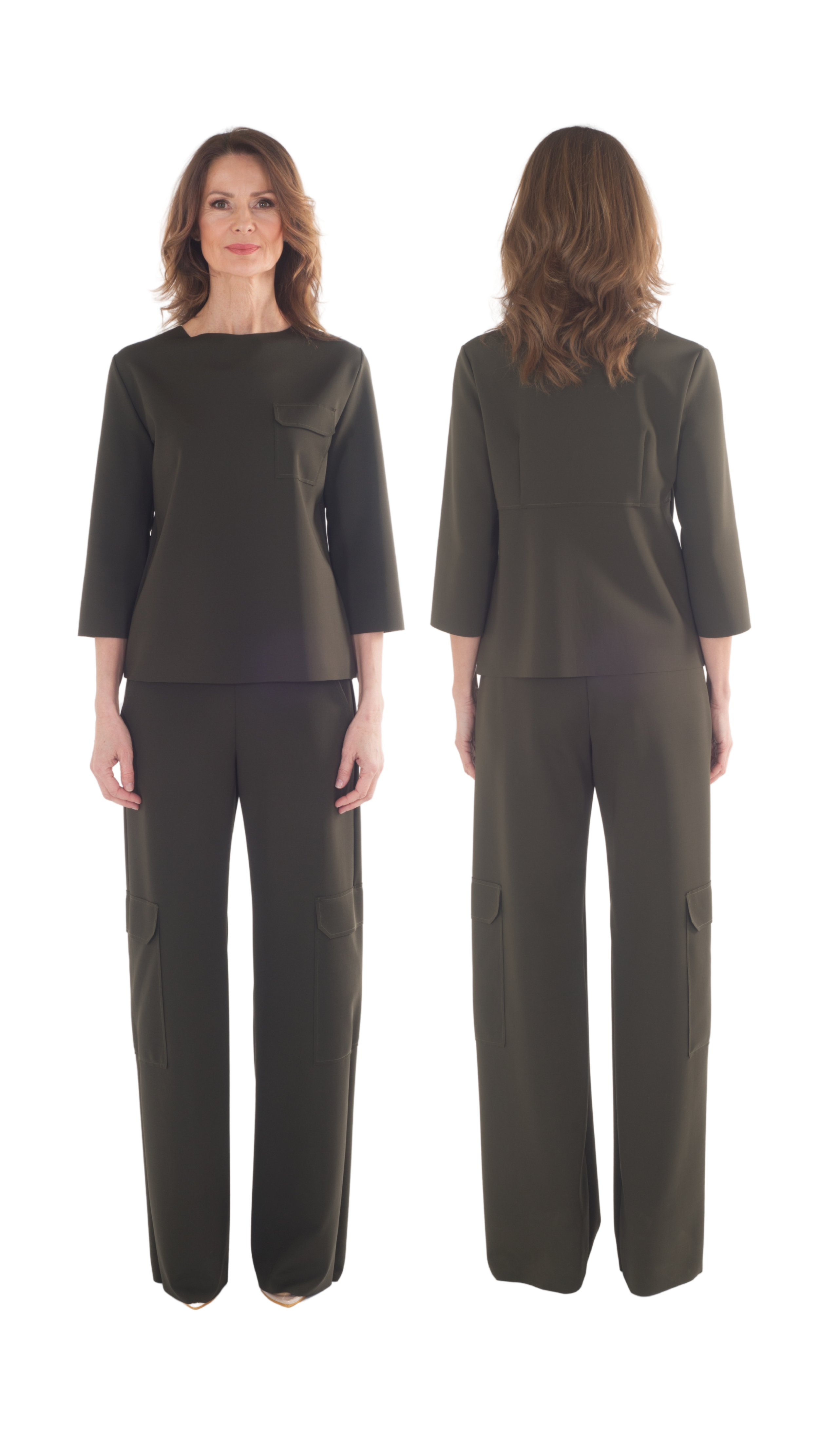 Immagine di una donna con abbigliamento elegante nero, vista frontale e posteriore su sfondo bianco.