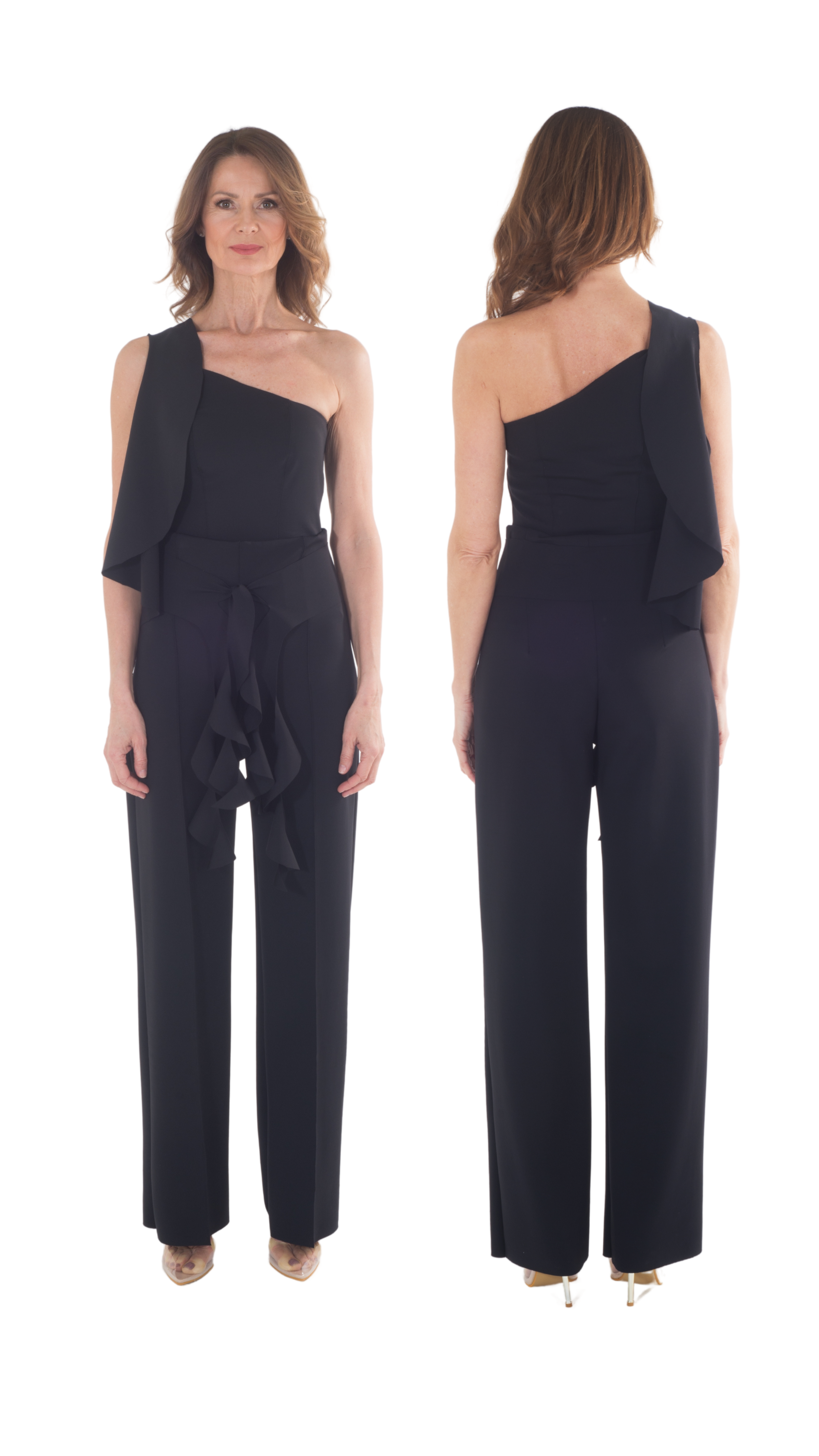 Donna con abbigliamento elegante nero, vista frontale e posteriore