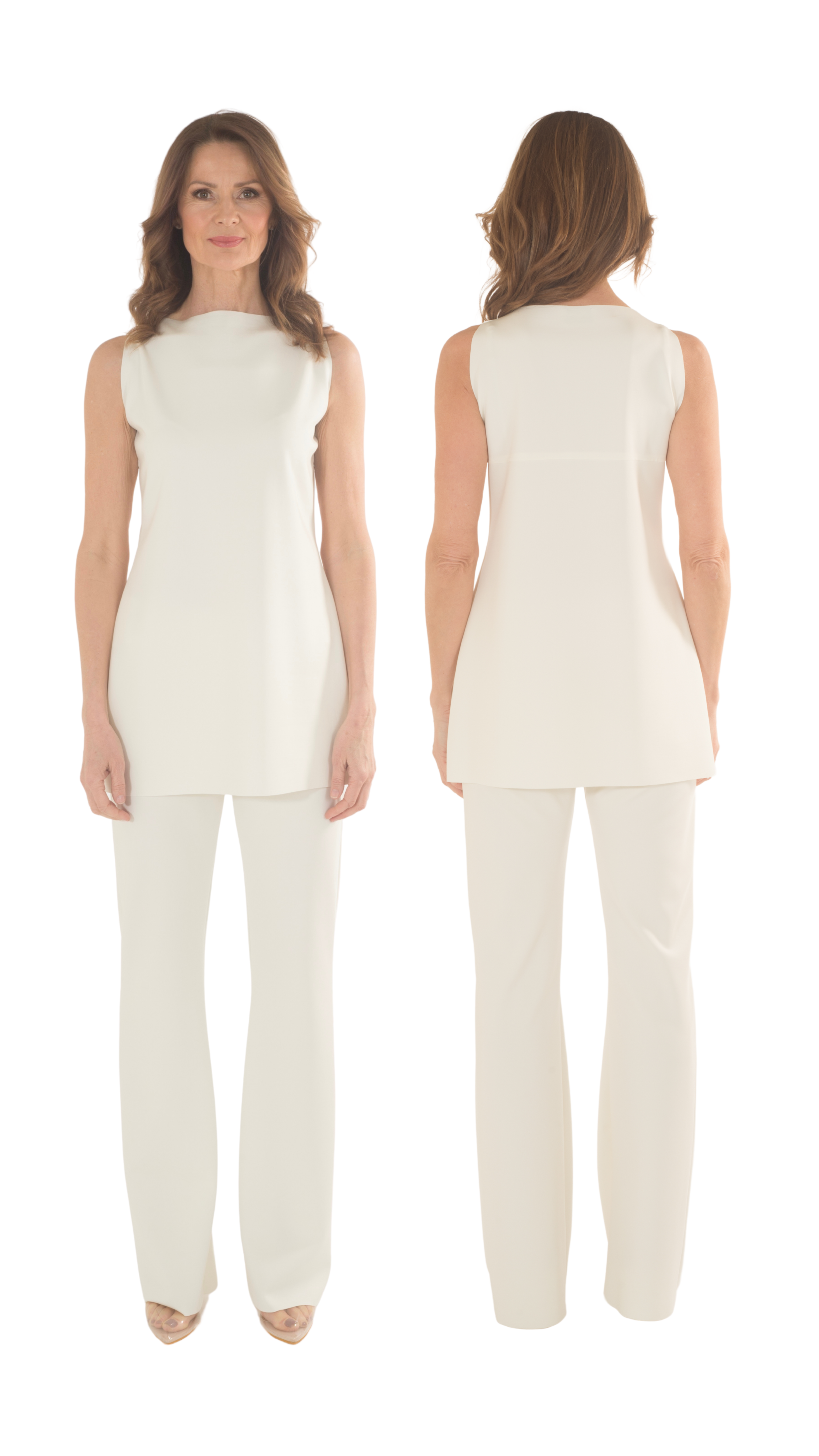 Donna con capelli castani lunghi e ondulati indossa un completo bianco senza maniche, visto frontalmente e di spalle.