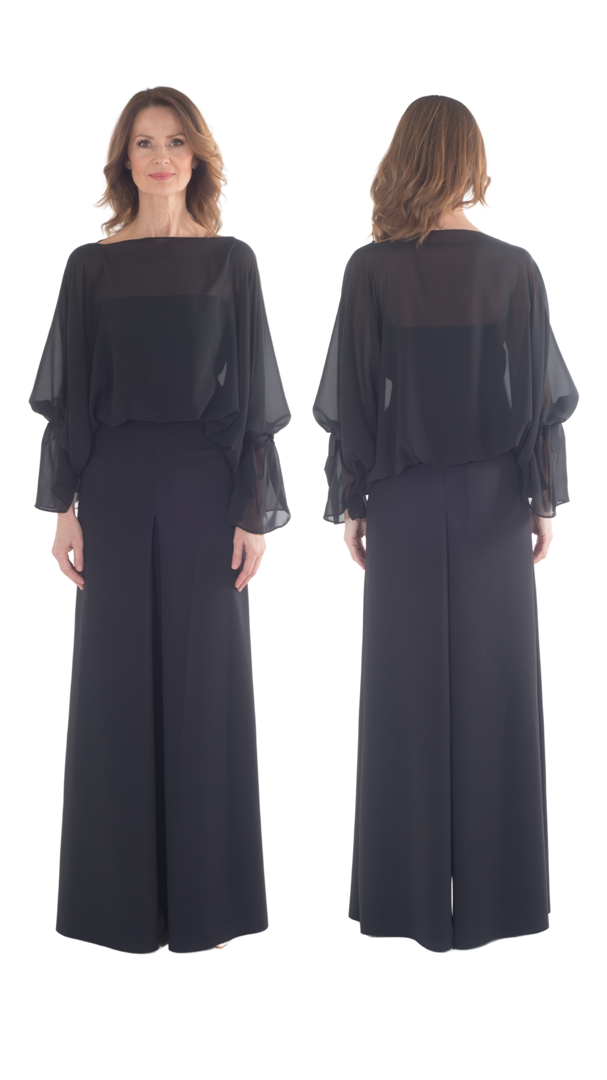 Donna anziana con capelli castani e vestito nero lungo, vista frontale e posteriore.