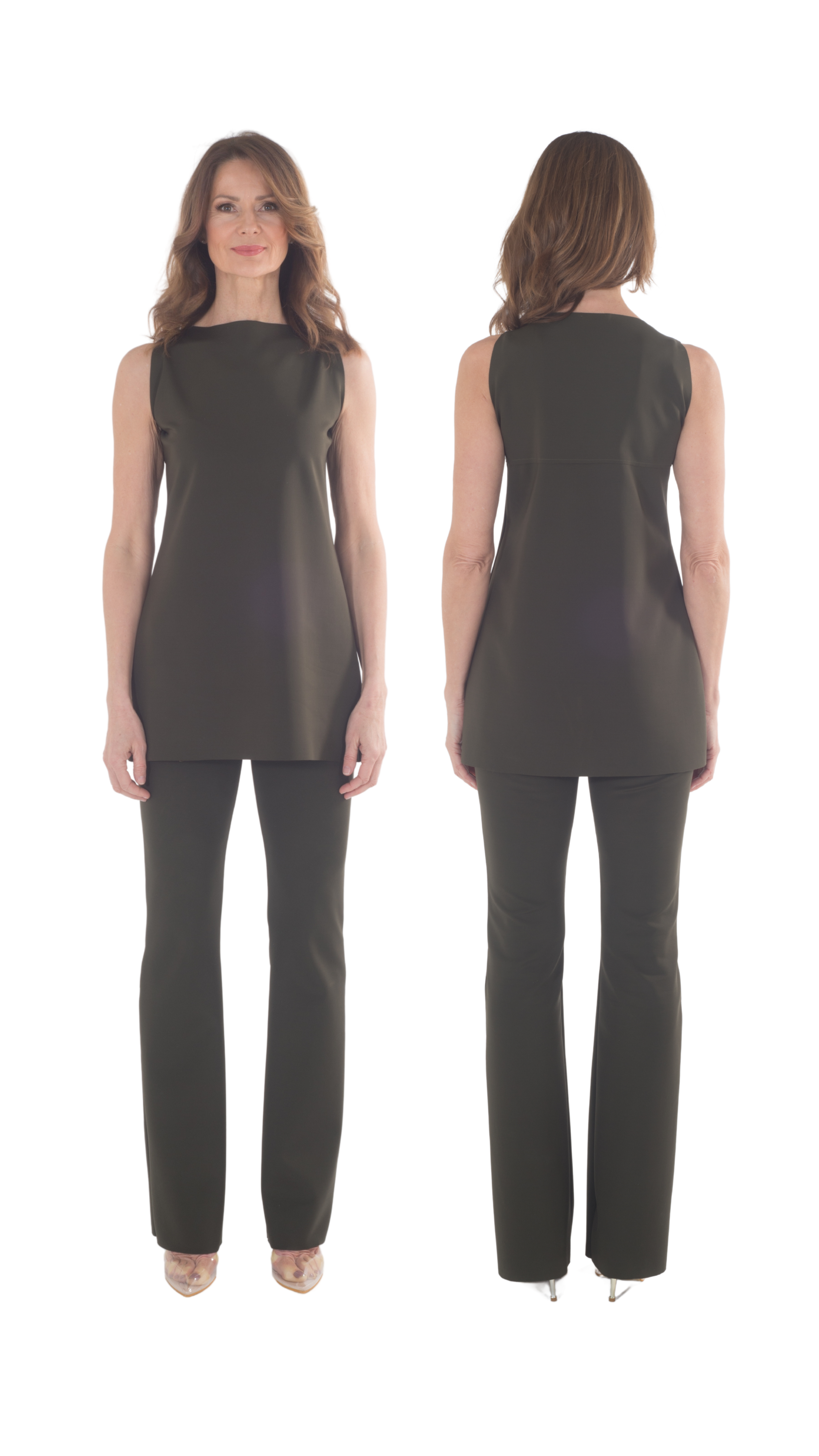 Donna con vestito nero senza maniche e pantaloni neri, vista frontale e posteriore