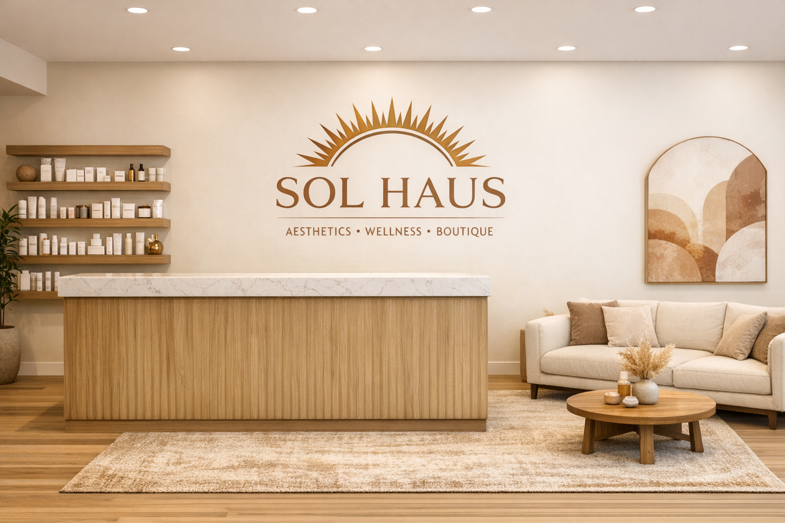 Interior of a wellness boutique with a reception desk, shelves of skincare products, a beige sofa with pillows, a round wooden coffee table with decor, and a wall art piece, with the logo 'Sol Haus' on the wall.