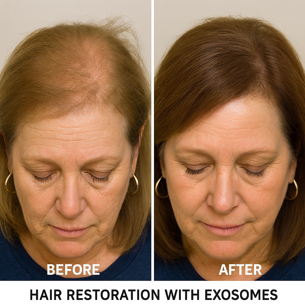 Comparison of a woman's scalp before and after hair restoration treatment with exosomes, showing increased hair density and healthier appearance.