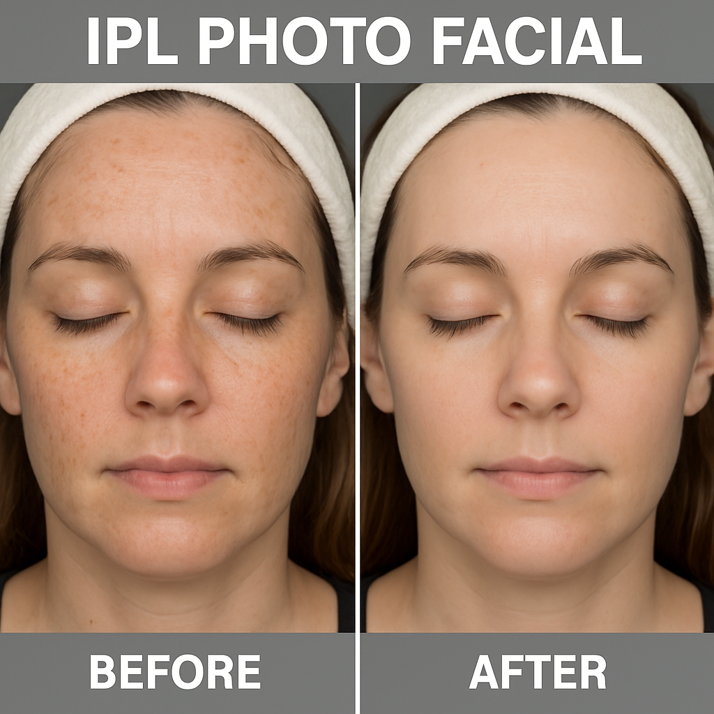 Comparison of a woman's face before and after IPL photo facial treatment, showing reduced pigmentation, freckles, and clearer skin.