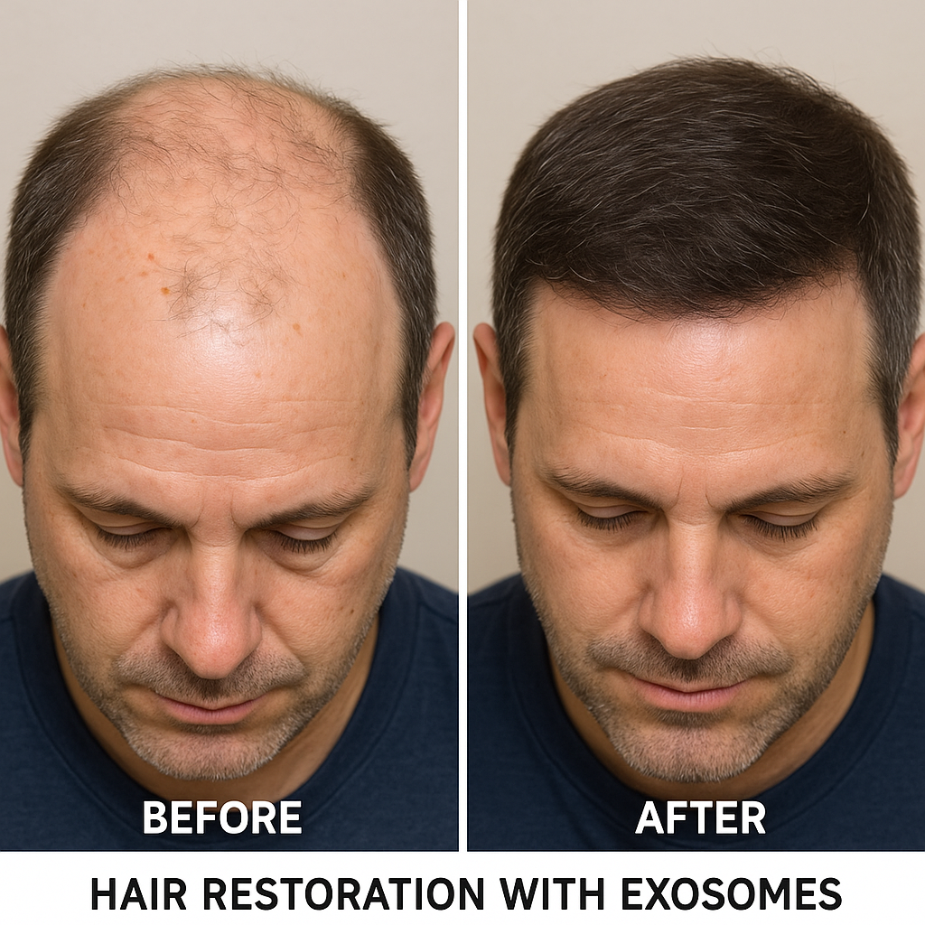 Side-by-side comparison of a man's scalp before and after hair restoration using exosomes, showing significant hair growth and density in the after image.