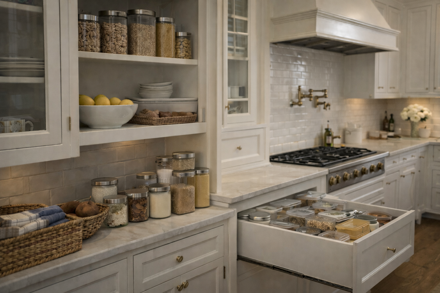 Open white kitchen cabinet with jars of preserved fruits, spices, and pantry items on shelves.