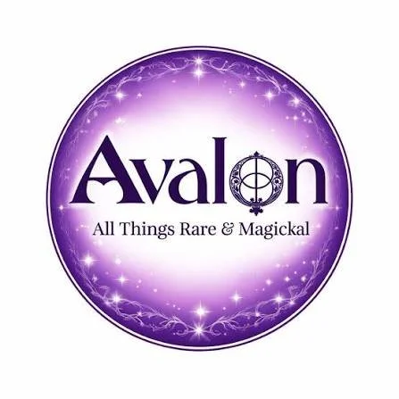 Logo for Avalon with purple background and white stars, containing the text "Avalon" and the tagline "All Things Rare & Magickal".