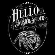 Hello Mister Spider with a detailed drawing of a spider holding a fishing rod on a black background.