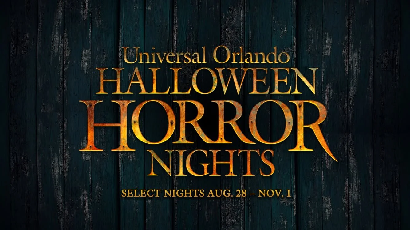 Promotion for Universal Orlando Halloween Horror Nights, with dark wooden background and orange text indicating event dates from August 28 to November 1.
