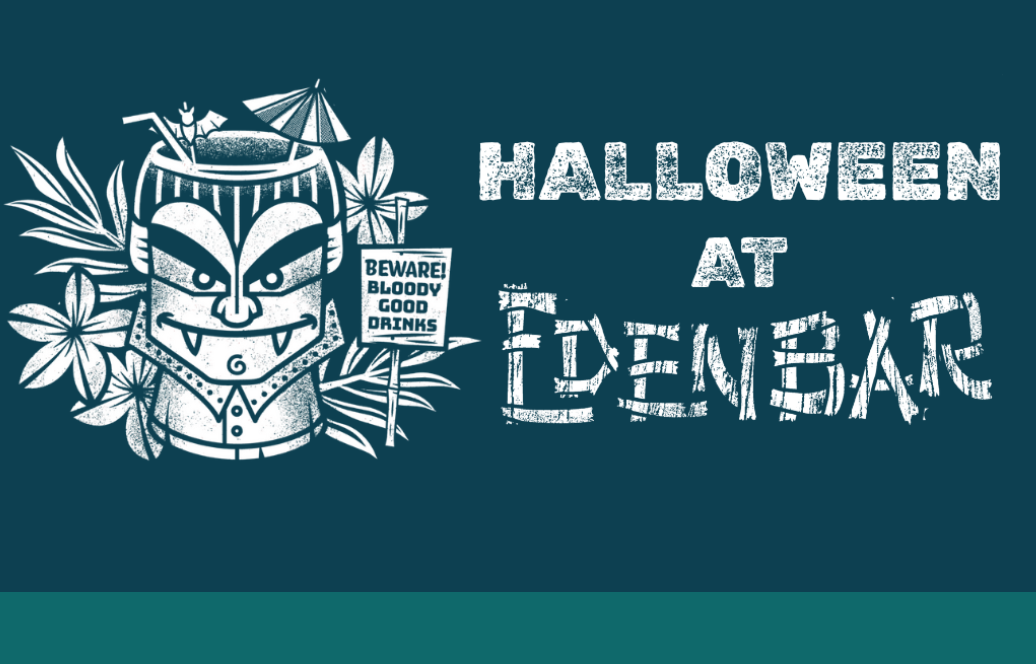 Graphic promoting Halloween at a beach with a cartoon tiki face, tropical leaves, and a sign that says 'Beware! Bloody Good Drinks'.