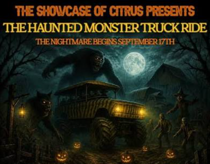 Halloween-themed advertisement featuring a haunted monster truck ride with creepy black cats, pumpkin decorations, and a full moon in a spooky forest setting.
