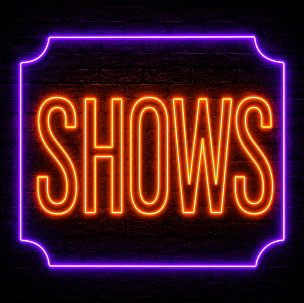 Neon sign that reads 'SHOWS' in bright orange letters, outlined with a purple neon border, on a dark brick wall background.