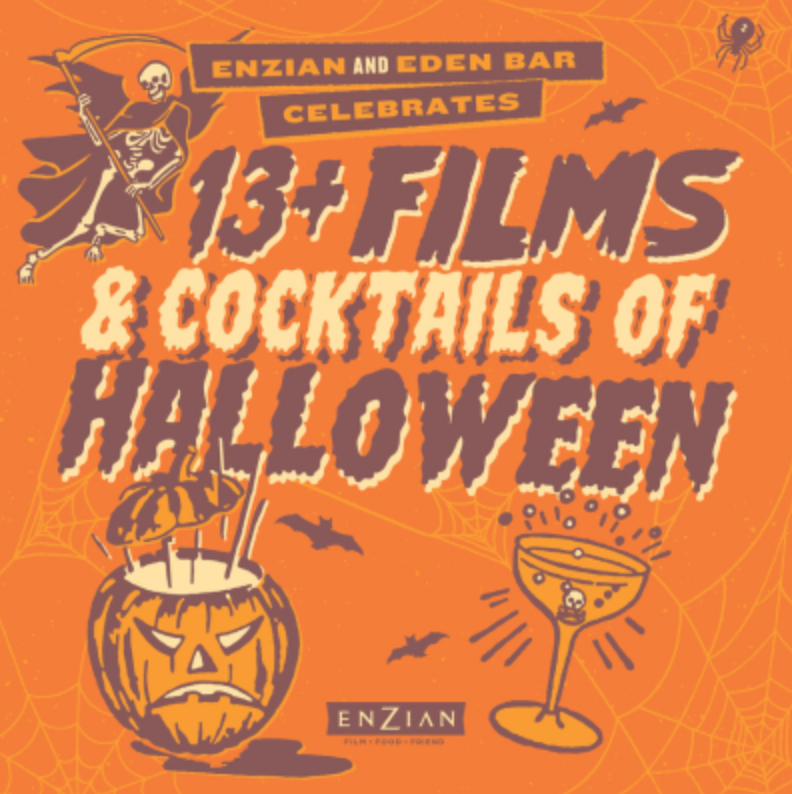 Orange Halloween-themed poster celebrating 13 films and cocktails with spooky illustrations, including a skeleton with a scythe, a carved pumpkin with a cocktail umbrella, flying bats, and cobwebs.