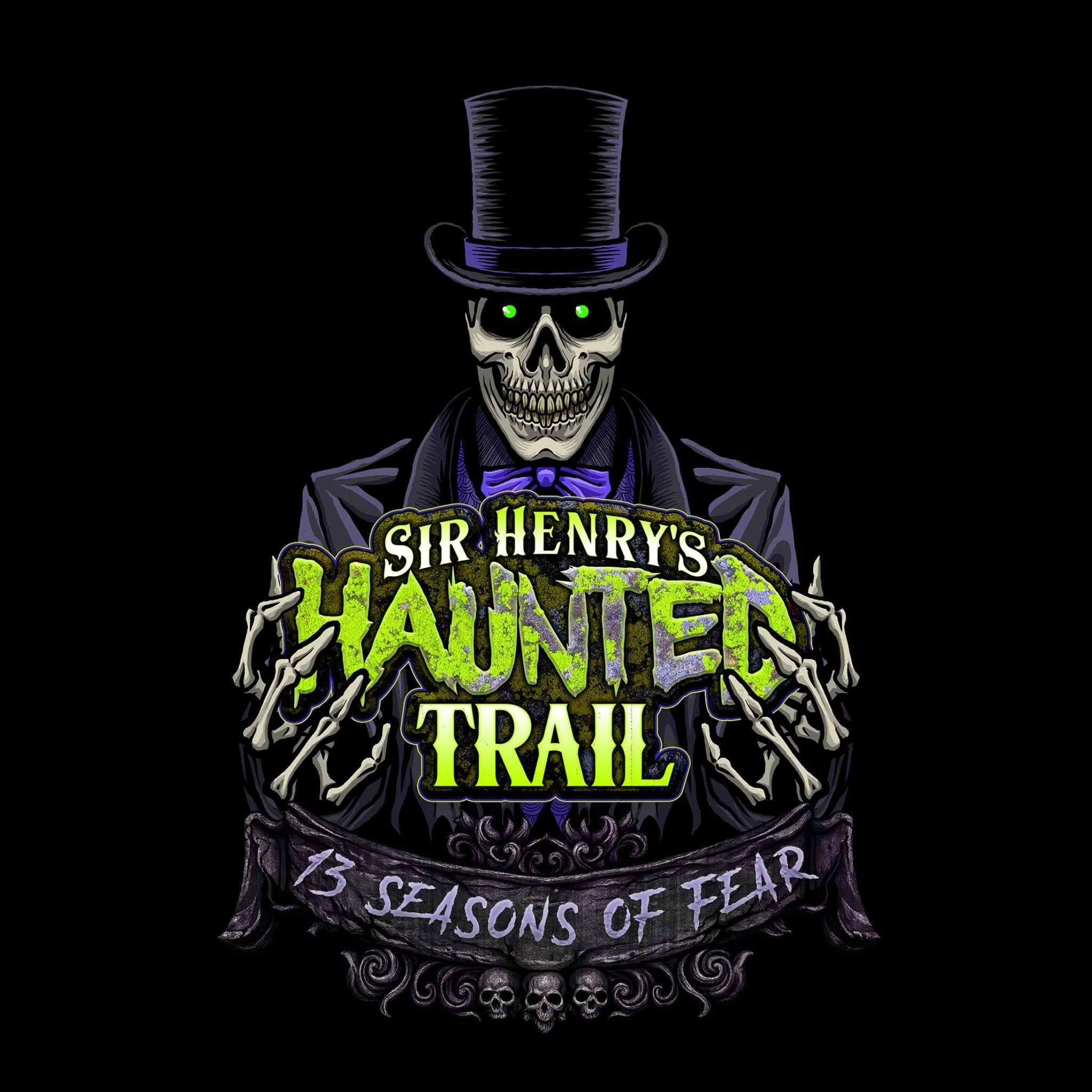 A skeleton wearing a top hat and a bow tie, holding a sign that reads 'Sir Henry's Dead Ticket' with additional text below related to season tickets and fears.
