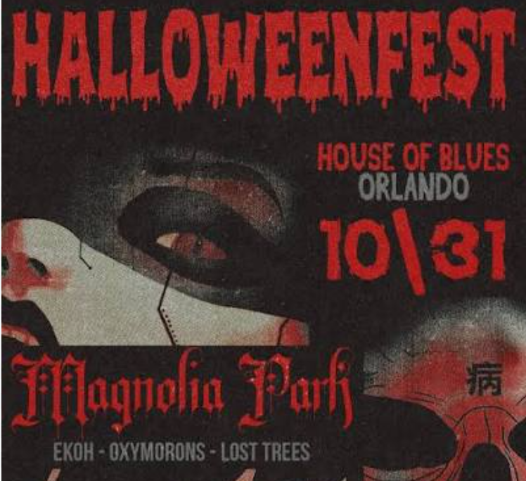 Poster for Halloween Fest at House of Blues in Orlando on October 31, featuring performances by Filagoria Park, EKOH, Oxymorons, and Lost Trees, with a dark, spooky design including a masked face and skull