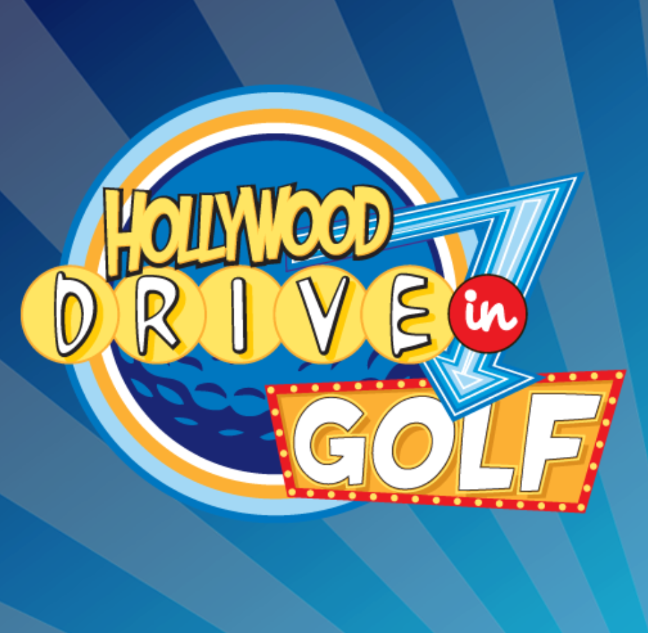 Logo for Hollywood Drive in Golf with bright colors, a blue background, and retro style text