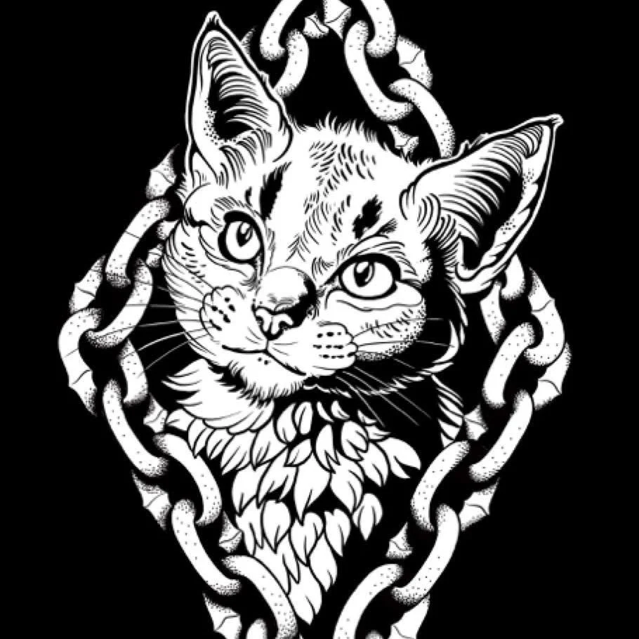 Black and white illustration of a cat's face with piercing eyes, surrounded by a chain.