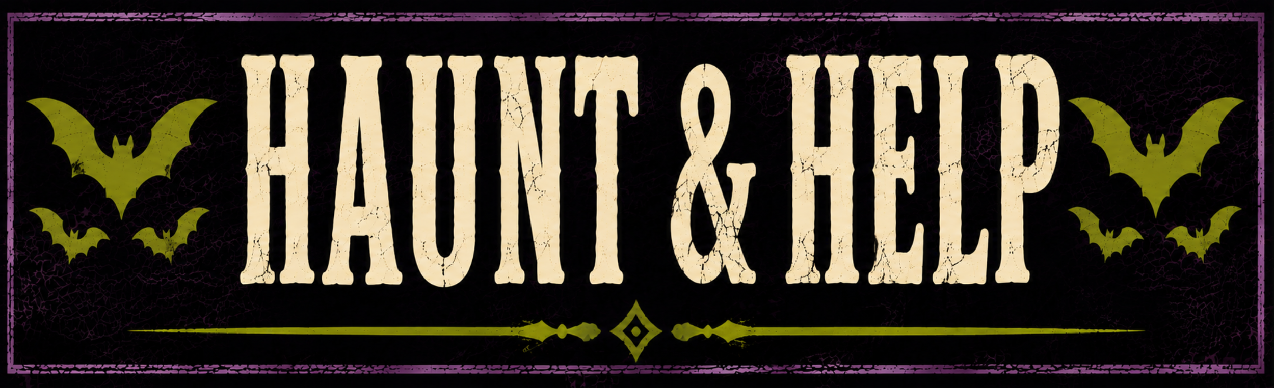 Halloween-themed sign reading 'Haunt & Collect' with bats and spider webs in black, green, purple, and beige colors.