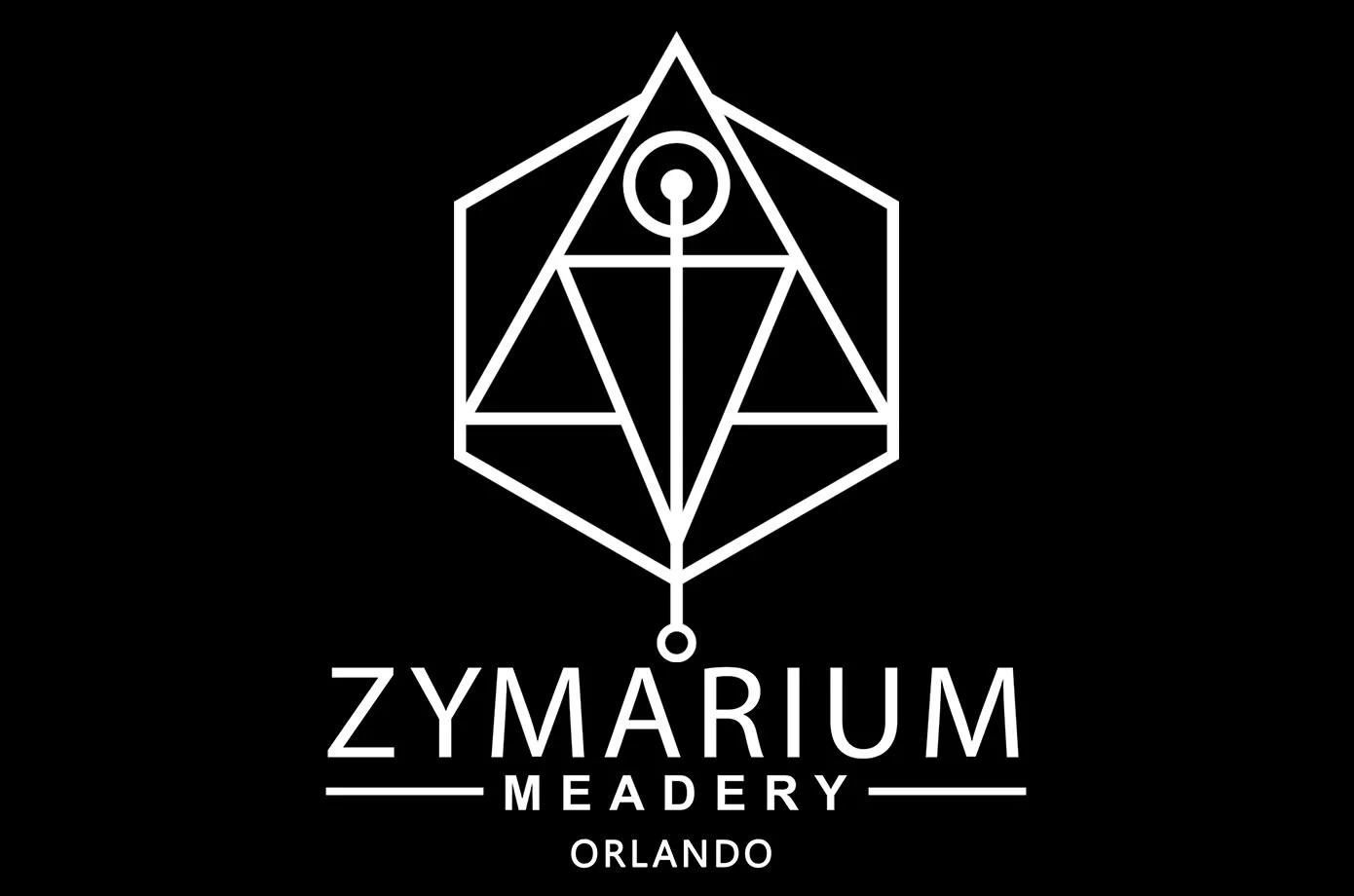 Logo of Zymarium Meadery featuring a white geometric design resembling a crystal on a black background, with text 'Zymarium Meadery' and 'Orlando' beneath it.