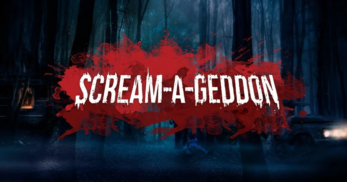 Title card for a haunted house attraction called "Scream-A-Geddon" featuring a dark, eerie forest background with fog, trees, and an old truck with headlights on.