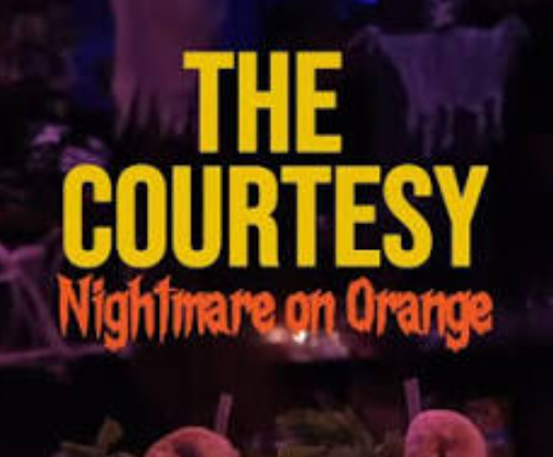 Poster for 'The Courtesy: Nightmare on Orange' with purple background and stylized text.