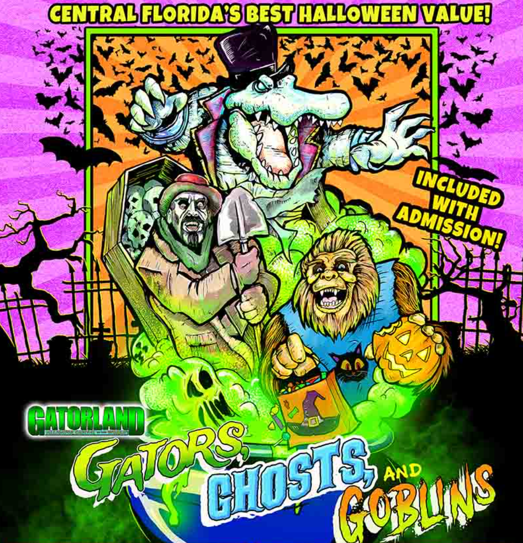 Colorful Halloween-themed poster showing cartoon alligator dressed as a vampire, a zombie with a shovel in a coffin, a friendly lion holding a pumpkin, and a black cat inside a bag, with bats, spooky trees, and graveyard in background. Text reads 'Central Florida's Best Halloween Value! Included with Admission! Gatorland Gators, Ghosts, and Goblins.'
