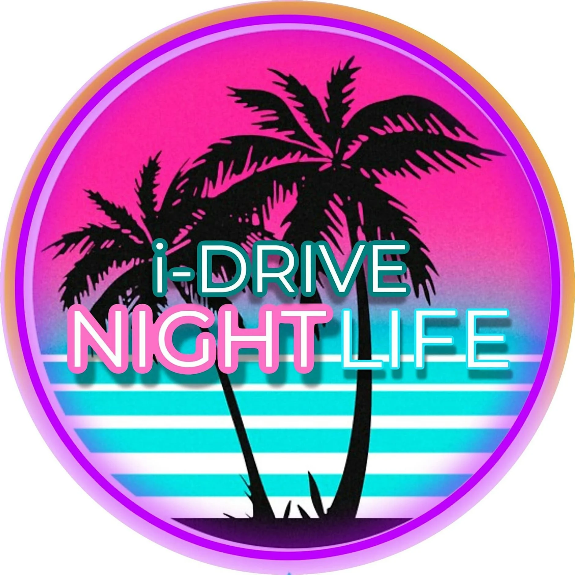 Colorful neon sign with a black silhouette of palm trees, pink, purple, blue, and yellow gradient background, and the text 'I-DRIVE' and 'NIGHTLIFE' in bright neon colors.