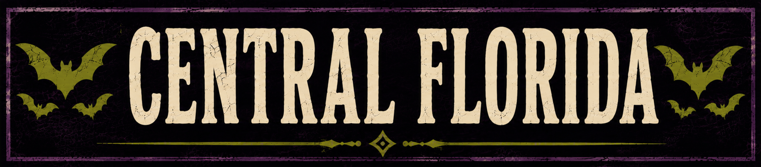 A spooky Halloween-themed sign reading "Central Florida" in large, vintage-style letters with bats on a dark background.