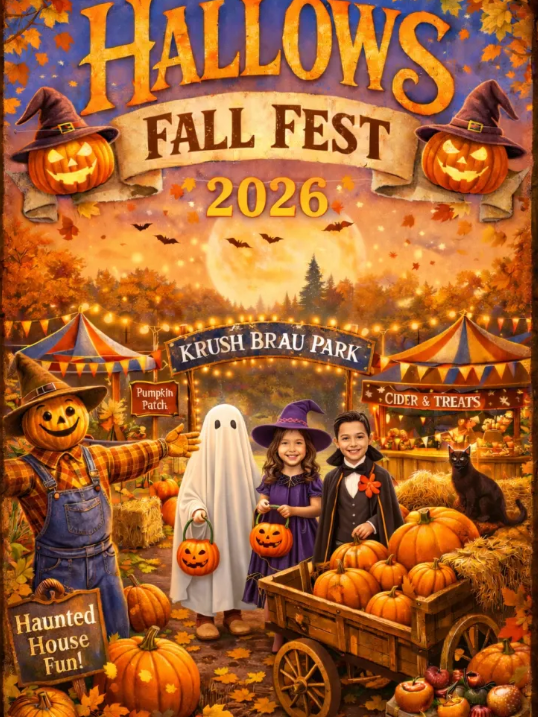 Festive Halloween scene at Hallows Fall Fest 2026 at Krush Brau Park featuring children in costumes, pumpkins, hay bales, tents, and Halloween decorations.
