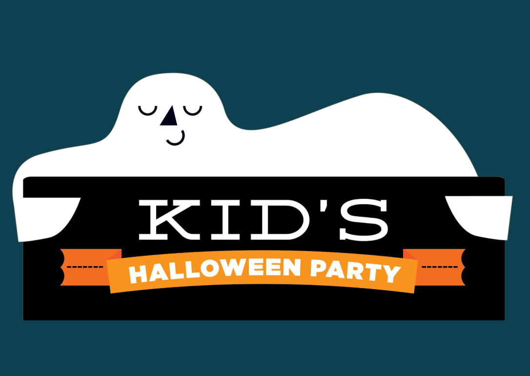 Logo for a Kids Halloween Party featuring a cute ghost behind the text.