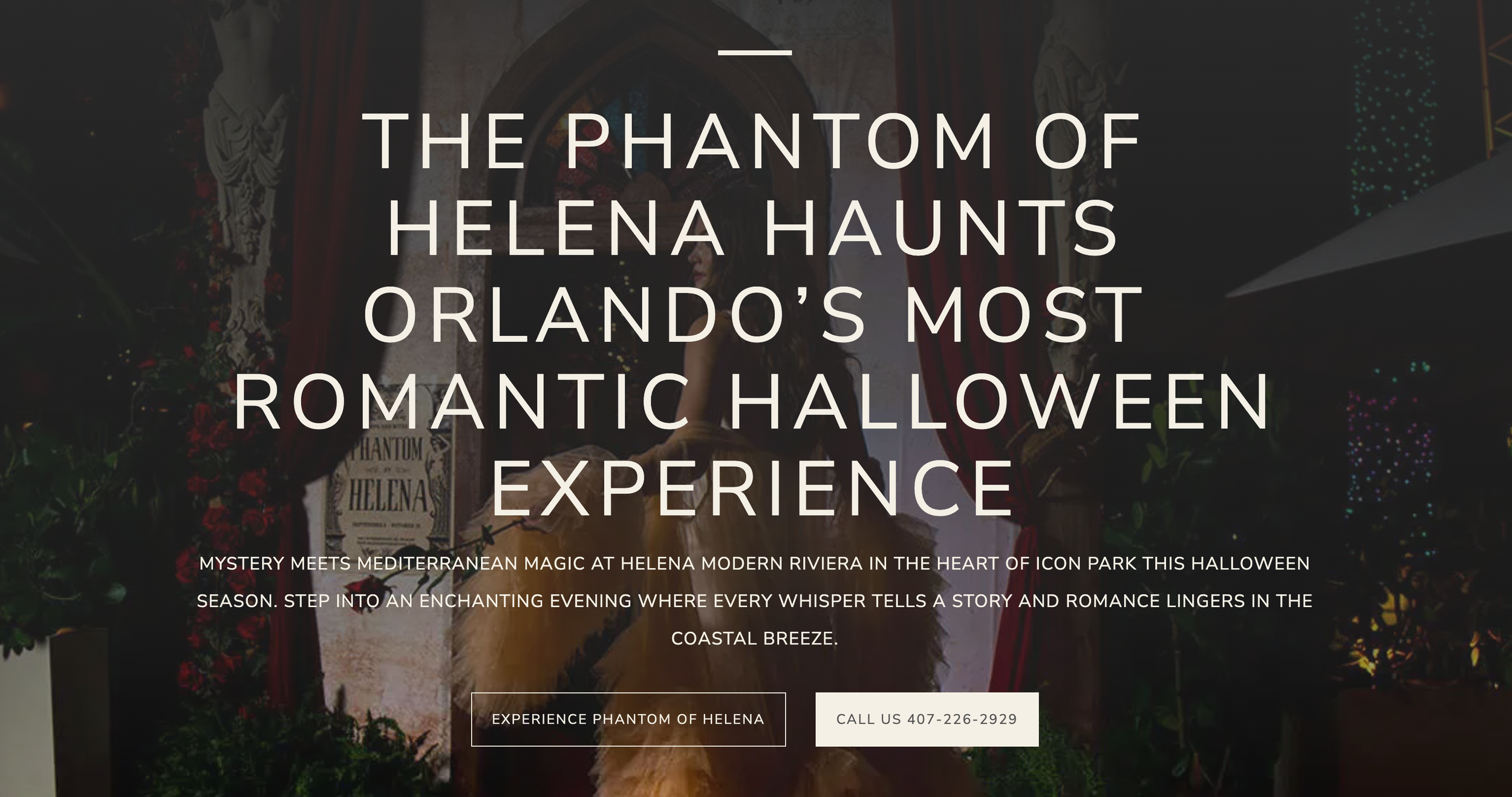 A promotional webpage for the Phantom of Helena Halloween event showing a person in costume standing at an entrance decorated with flowers and greenery, with gothic architectural elements in the background.