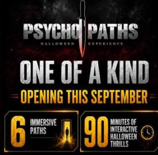Poster for Psycho Paths Halloween experience featuring immersive paths and interactive Halloween thrills opening in September, with image of a sharp knife and dark background.