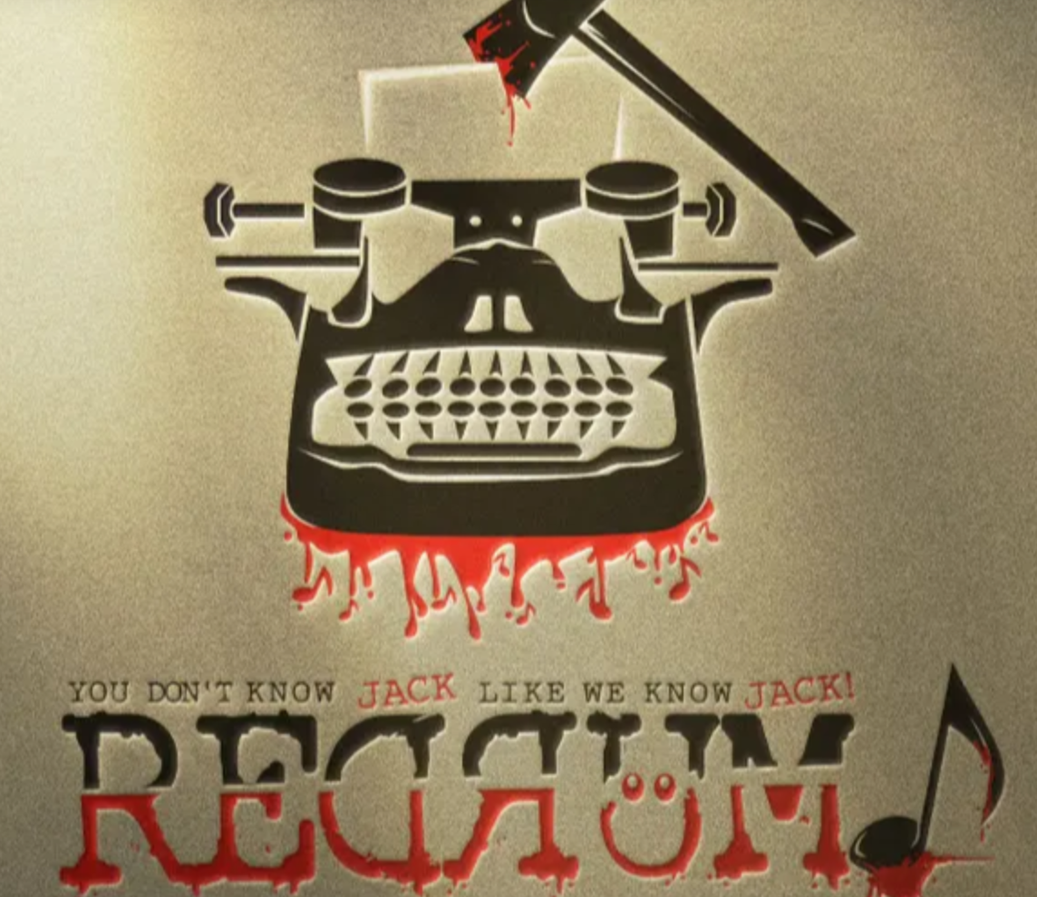 A vinyl wall art of a vintage typewriter with red paint dripping from the top and bottom, and musical notes. Text reads: "You don't know Jack like we know Jack! Redneck."