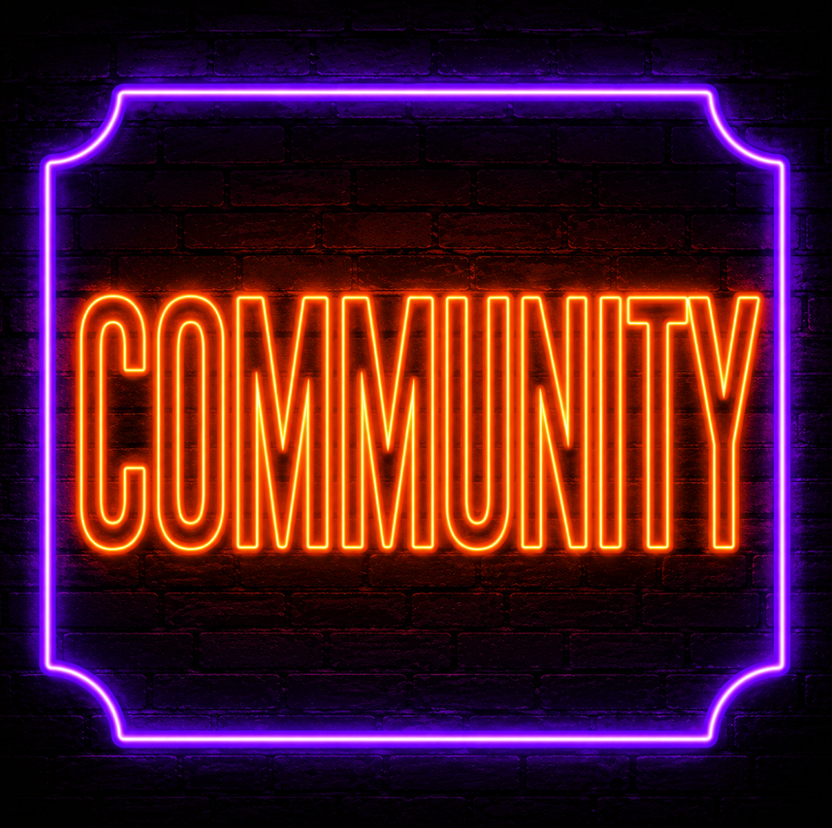 Neon sign with the word 'COMMUNITY' in orange letters, outlined by a purple neon border, against a dark brick wall background.