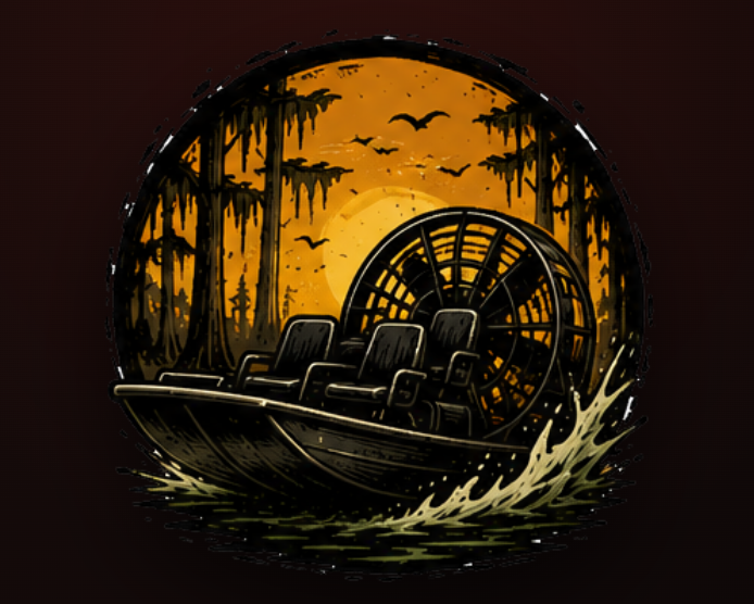 An illustration of a rollercoaster with three seats, surrounded by a spooky swamp scene with hanging moss and flying bats, against an orange sunset or moon backdrop.