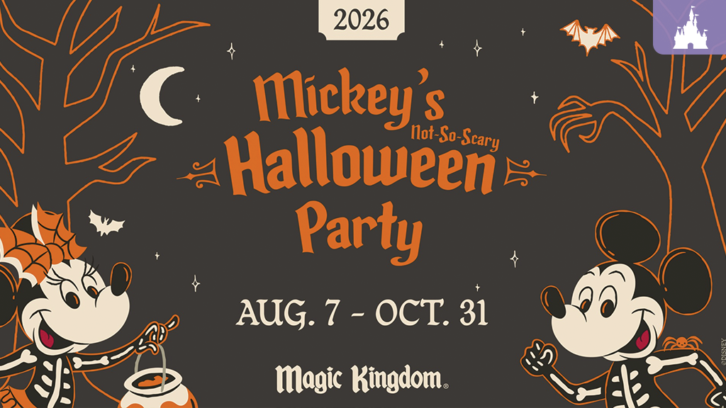 Halloween-themed Disney poster featuring Mickey Mouse and Minnie Mouse in skeleton costumes, with Halloween decorations like bats and a moon.