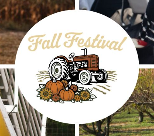 Fall Festival logo with tractor, pumpkins, and sunflowers.