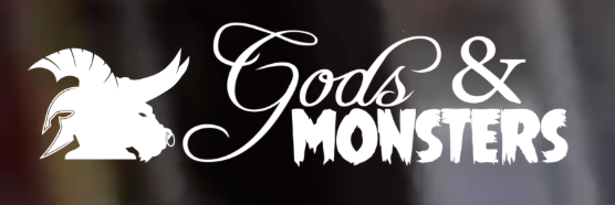 Text that reads 'Gods & Monsters' with a stylized wolf or dog silhouette on the left.