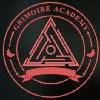 A circular logo with a black background and red outlines. It features the text 'GRIMOIRE ACADEMY' around the top. In the center, there is a geometric design with triangles and lines, and a small circle. A ribbon banner is at the bottom of the circle.