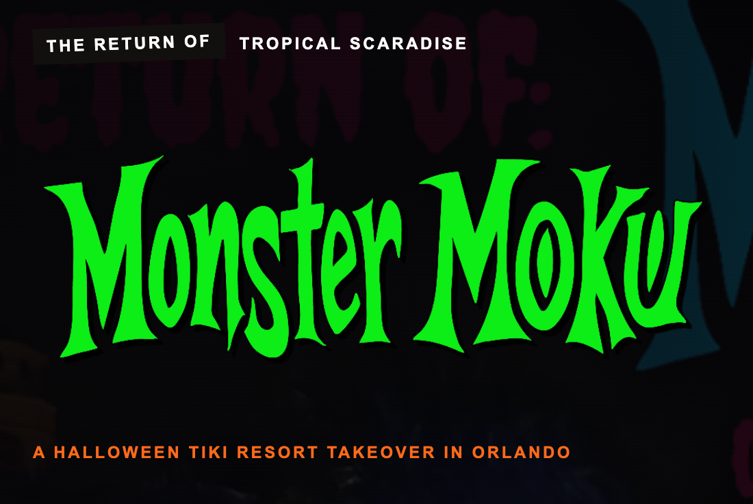 Logo for the event 'Monster MOKU,' a Halloween tiki resort takeover in Orlando, featuring neon green text on a dark background.