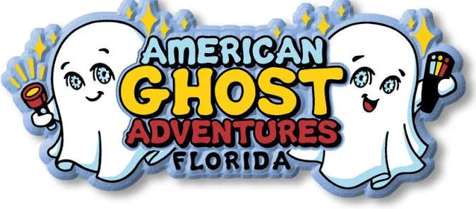 Logo for American Ghost Adventures Florida featuring two cartoon ghosts holding paintbrush and flashlight, with playful font and star accents.
