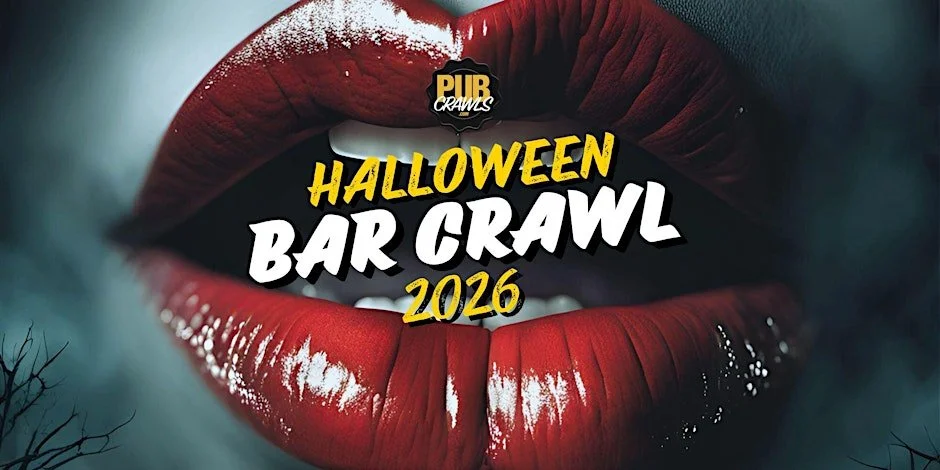 Close-up of glossy red lips with Halloween-themed text overlay for the 'PUB CRAWLS Halloween Bar Crawl 2016' event.