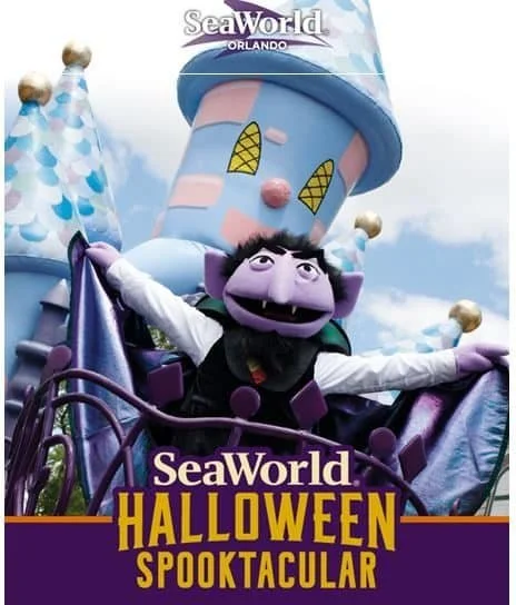 Costumed character with purple skin, black hair, and a beard riding a carnival attraction in front of a whimsical castle tower with a pink nose and yellow windows, promotional poster for SeaWorld Orlando's Halloween Spooktacular event.