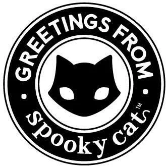 A circular logo with a black cat face in the center and the text 'GREETINGS FROM SPOOKY CAT' around the edge.