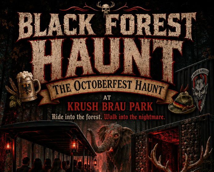 Poster for Black Forest Haunt at Krush Brau Park featuring a dark forest background, a skull with horns, an axe and a beer mug, with a haunted house and a monster in the foreground.